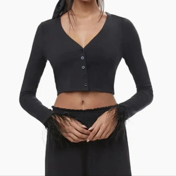WEWOREWHATBlack Feather Trim Cardigan - Picture 1 of 7